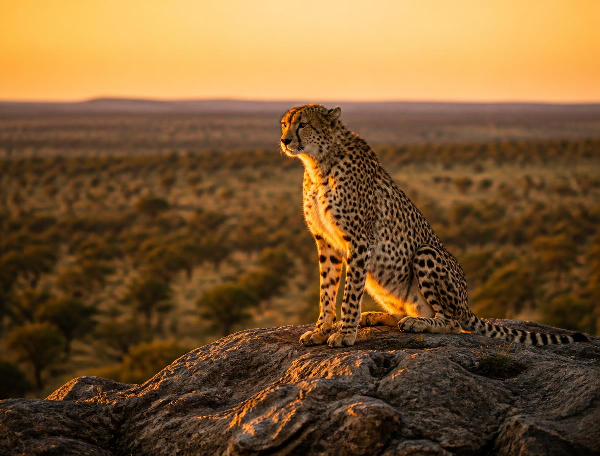 Cheetah overlooking the African bush at golden hour