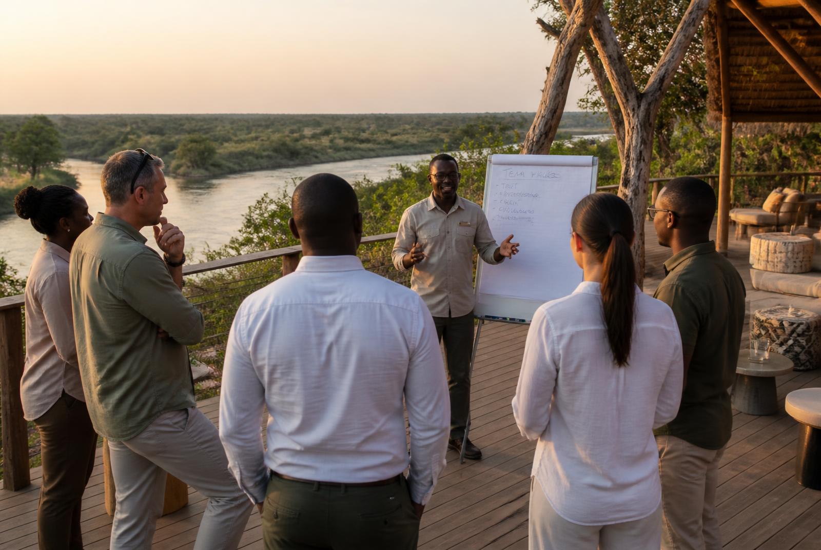 Corporate retreat group meeting beside the Zambezi River