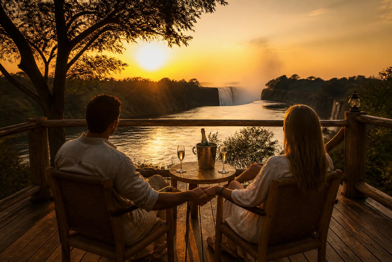 Couple enjoying a romantic Zambezi sunset in Victoria Falls