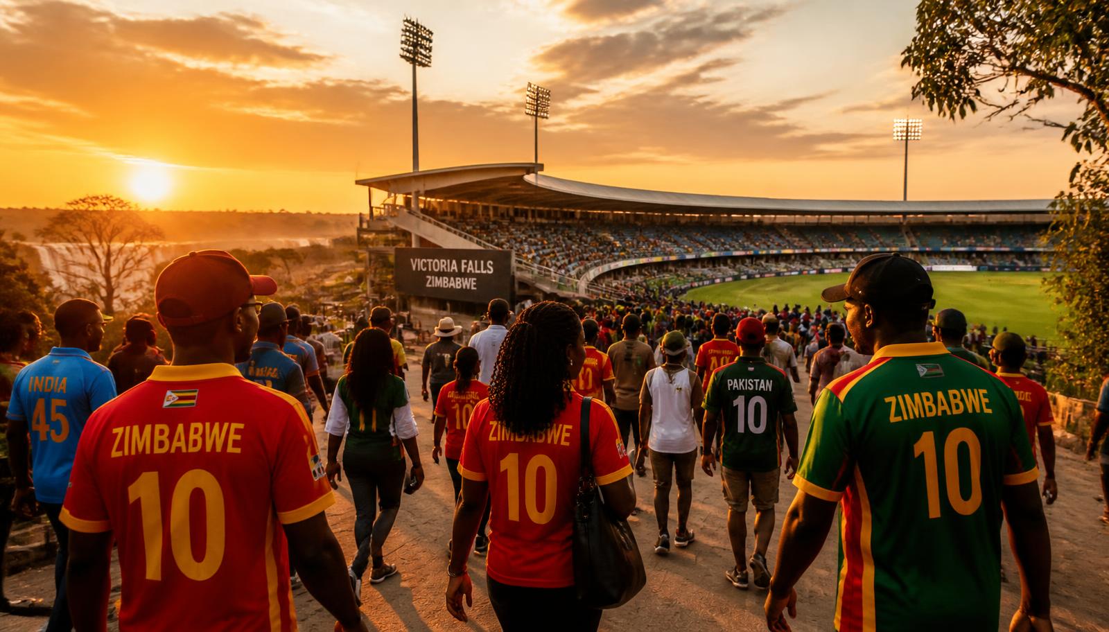 Cricket fans cheering in a stadium