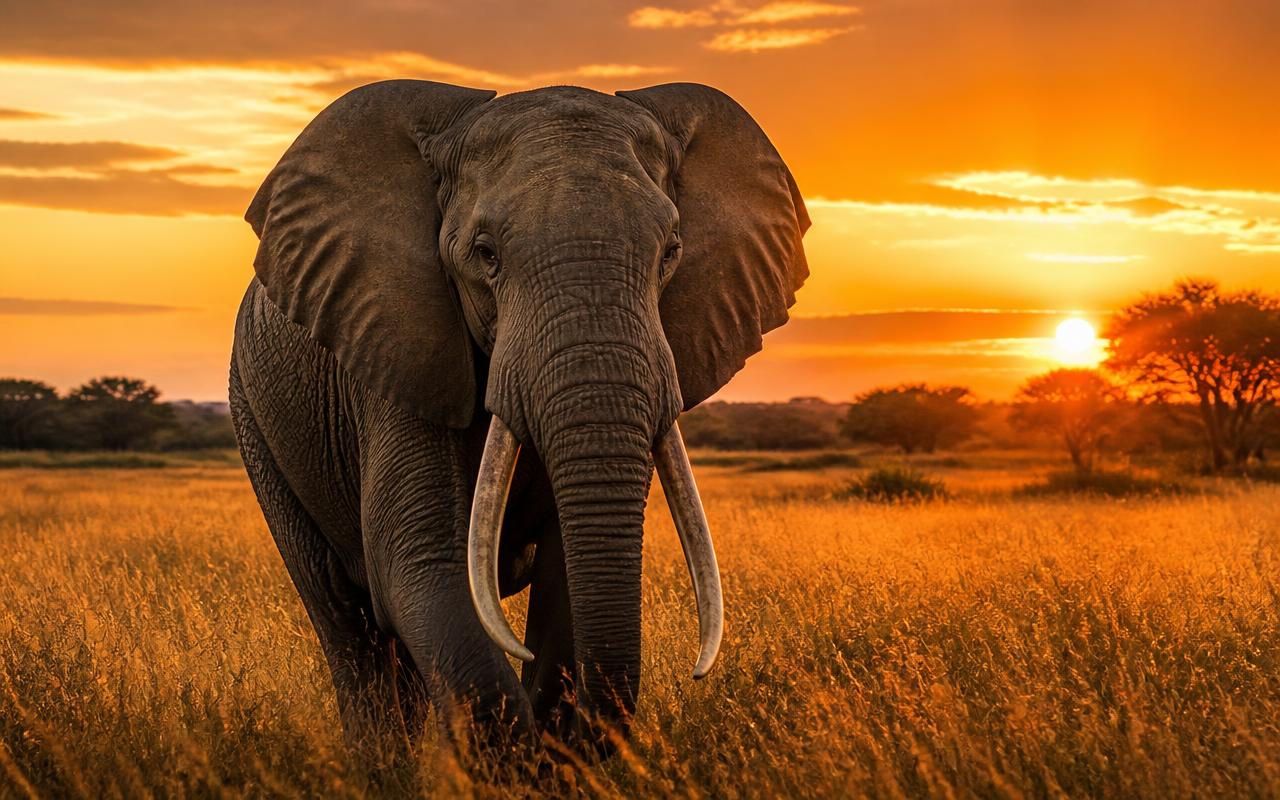 African elephant beside the water at sunset in Zimbabwe