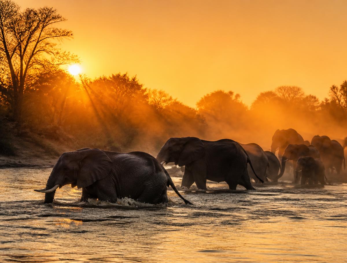 Herd of elephants crossing the Zambezi at sunset
