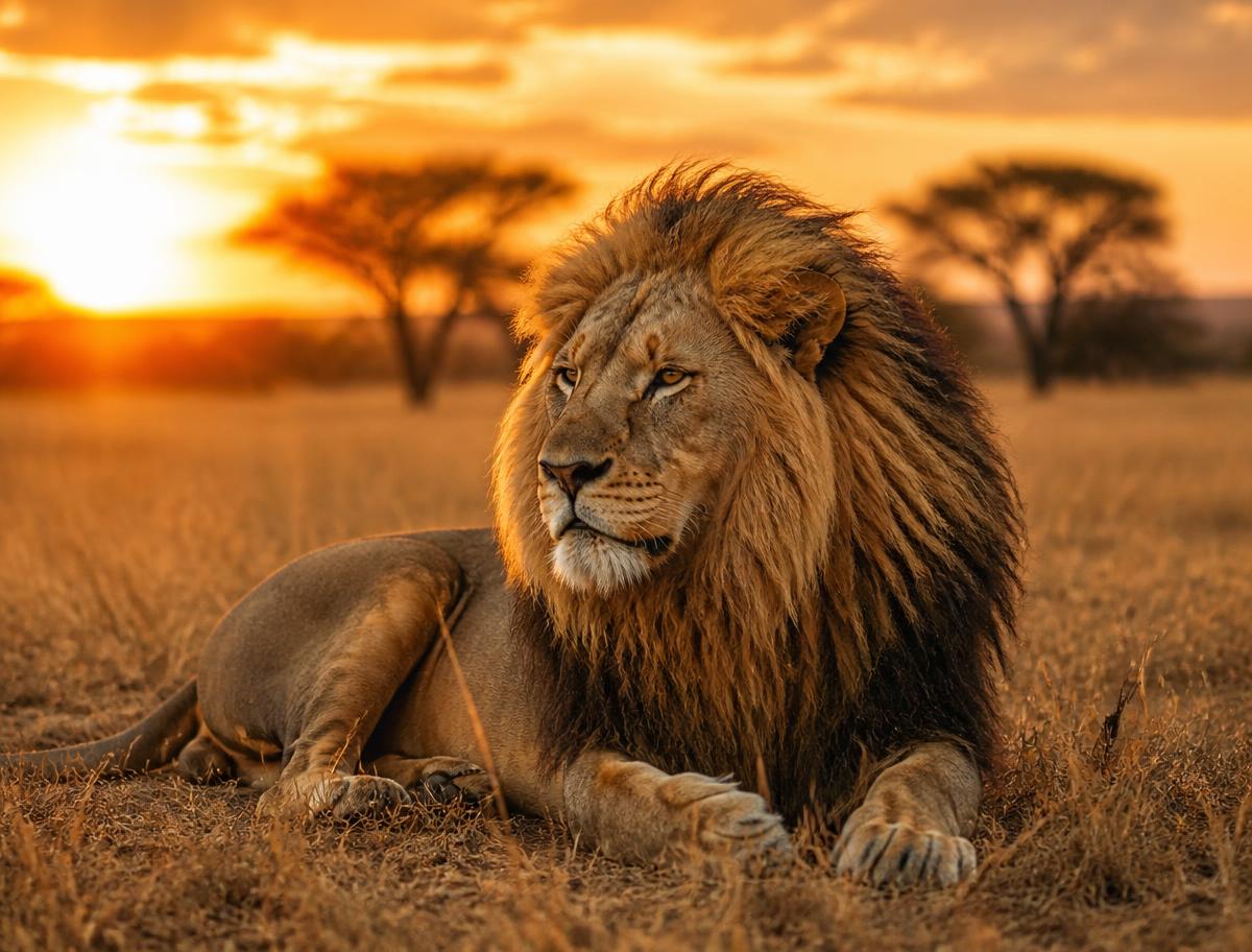 Majestic lion resting on the savanna at sunset
