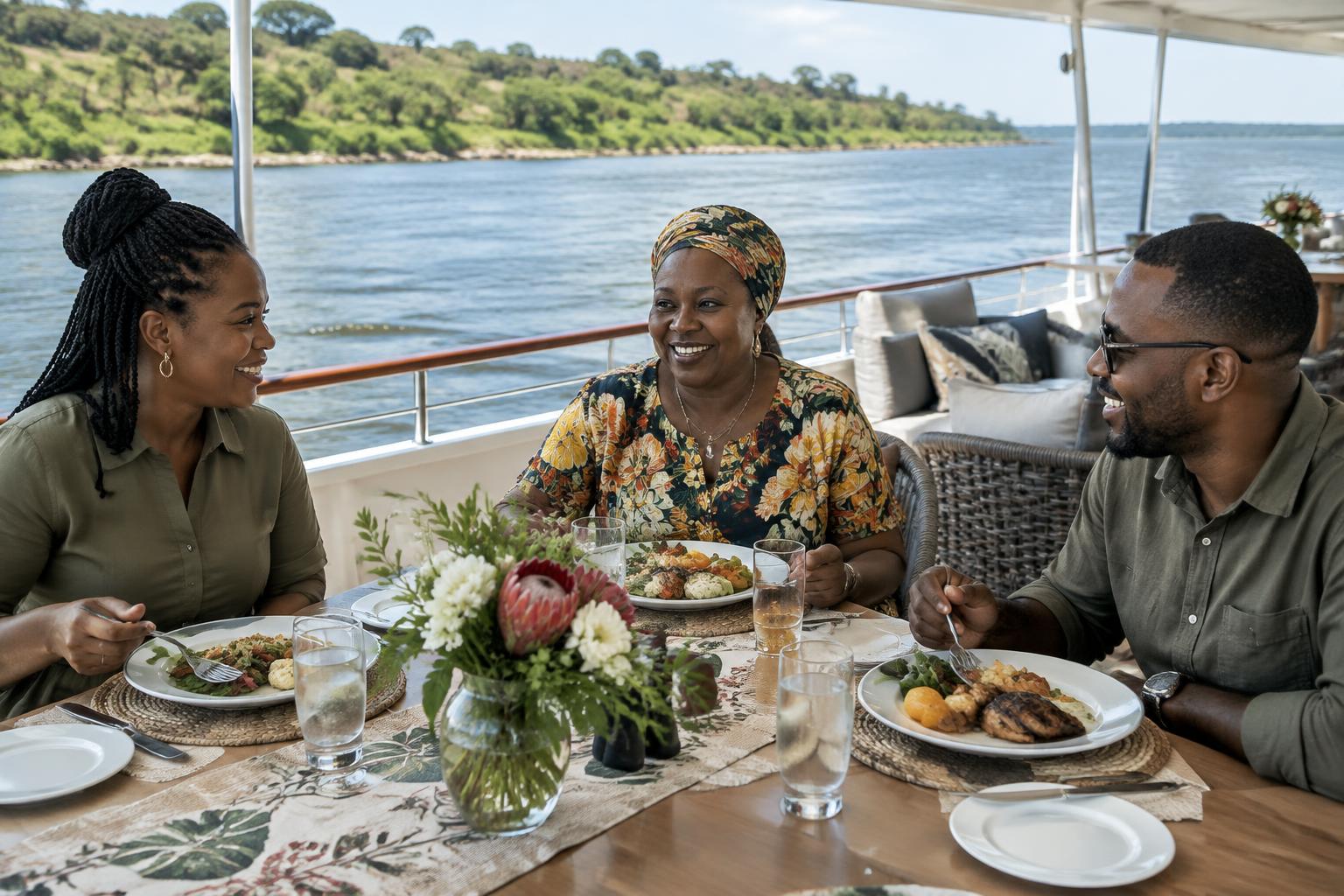 Mother sharing lunch with her adult children on a Zambezi river cruise