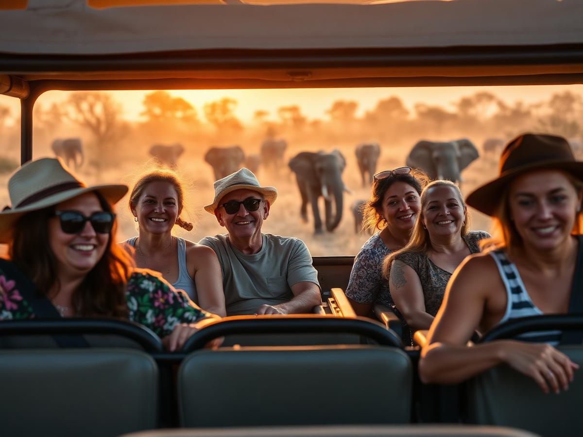 Group on a safari game drive with elephants