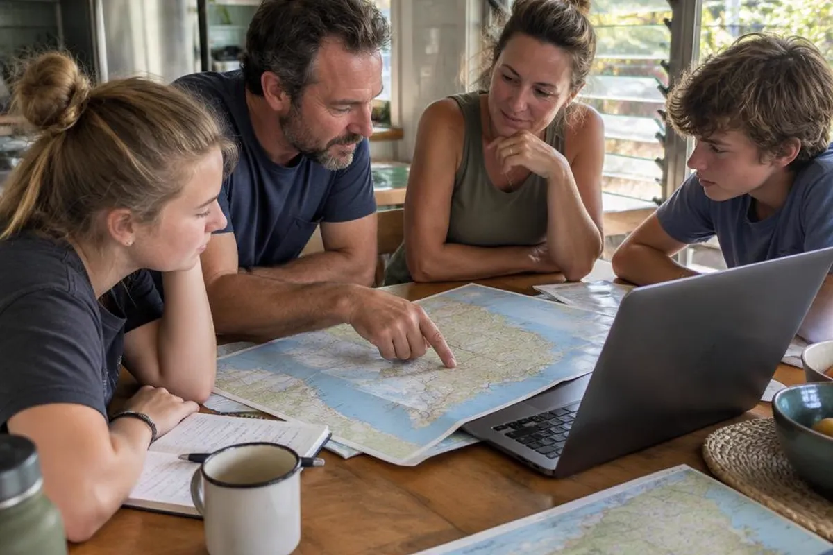 Australian family planning their Africa trip together around a table at home