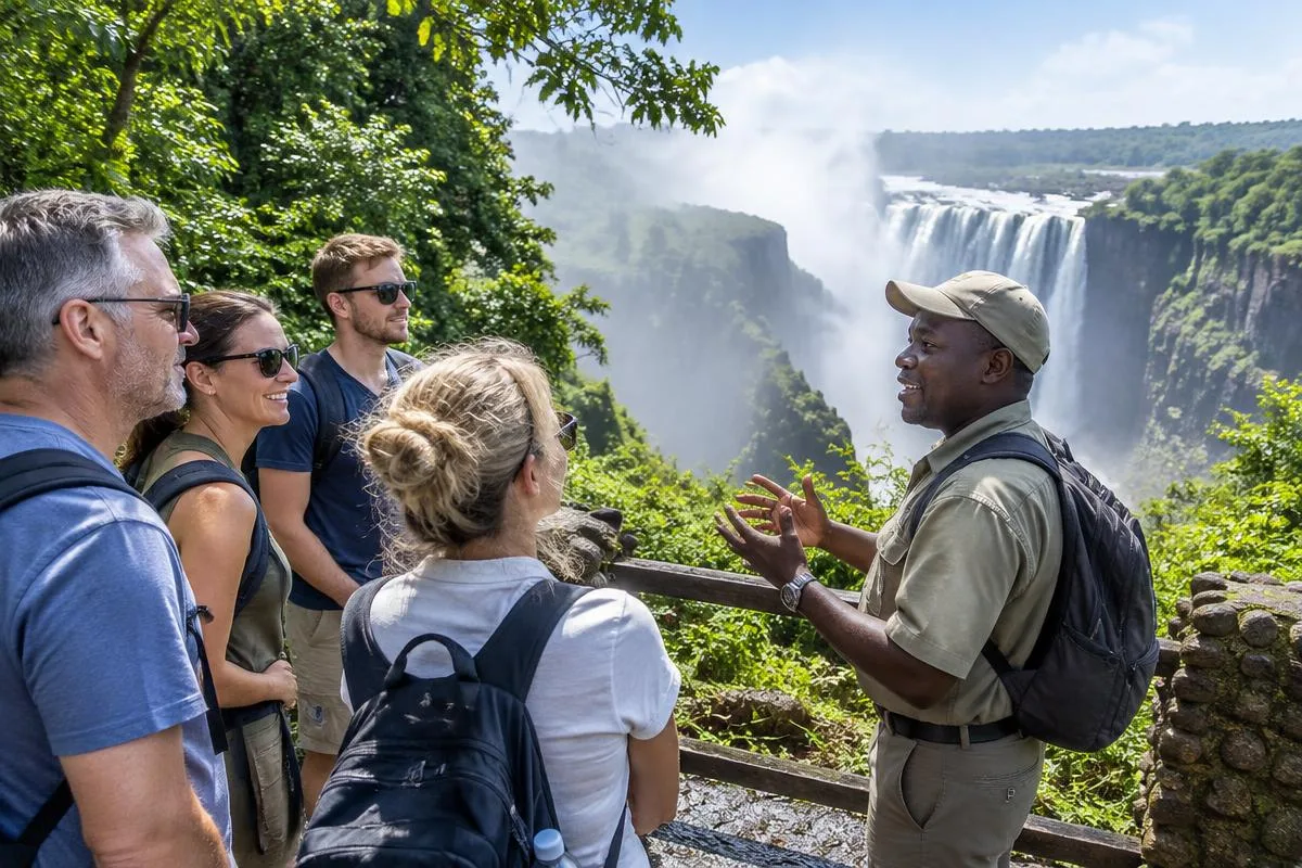 Group listening to a guide at a Victoria Falls viewpoint
