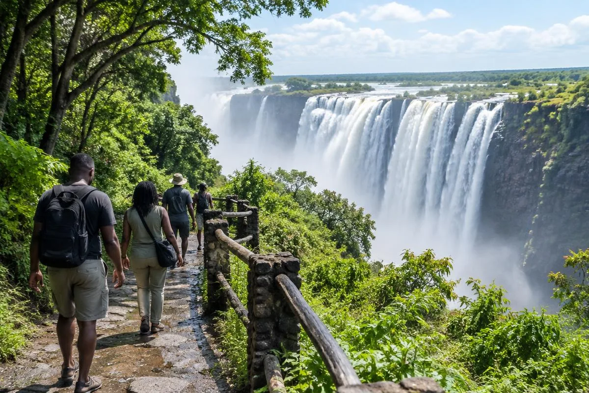 Group walking along a rainforest path overlooking Victoria Falls