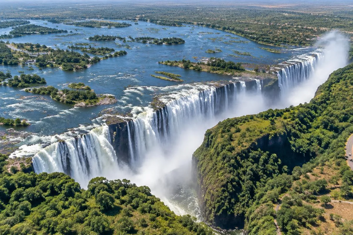 Victoria Falls and the Zambezi River viewed from above