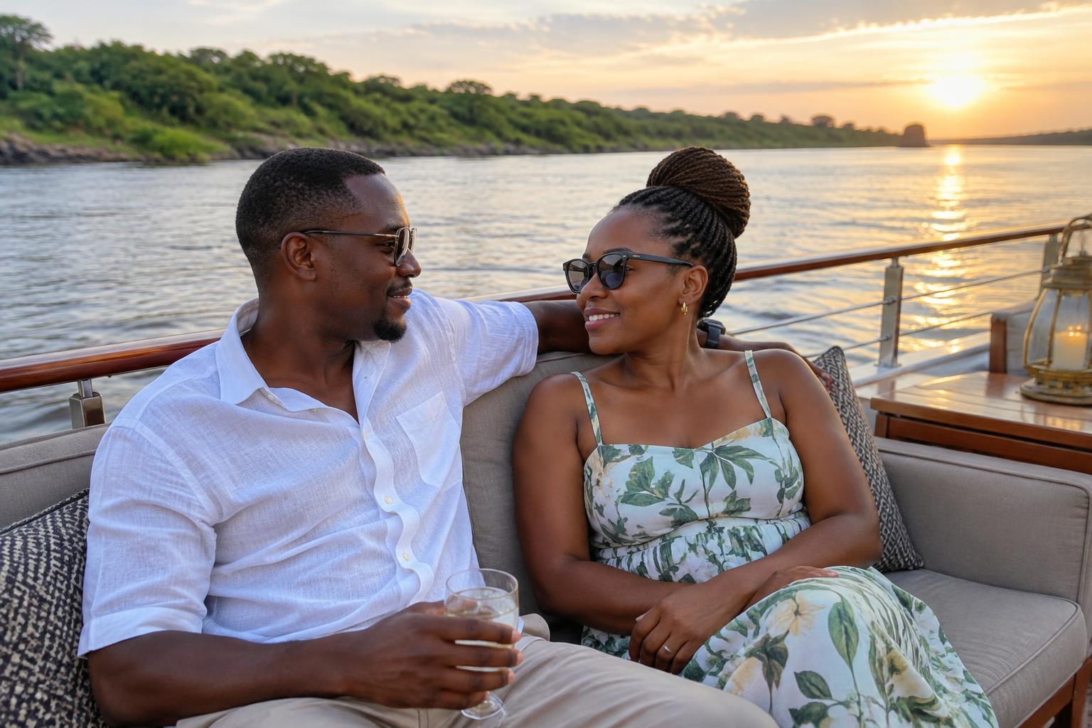 Couple enjoying an evening together on a Zambezi river cruise