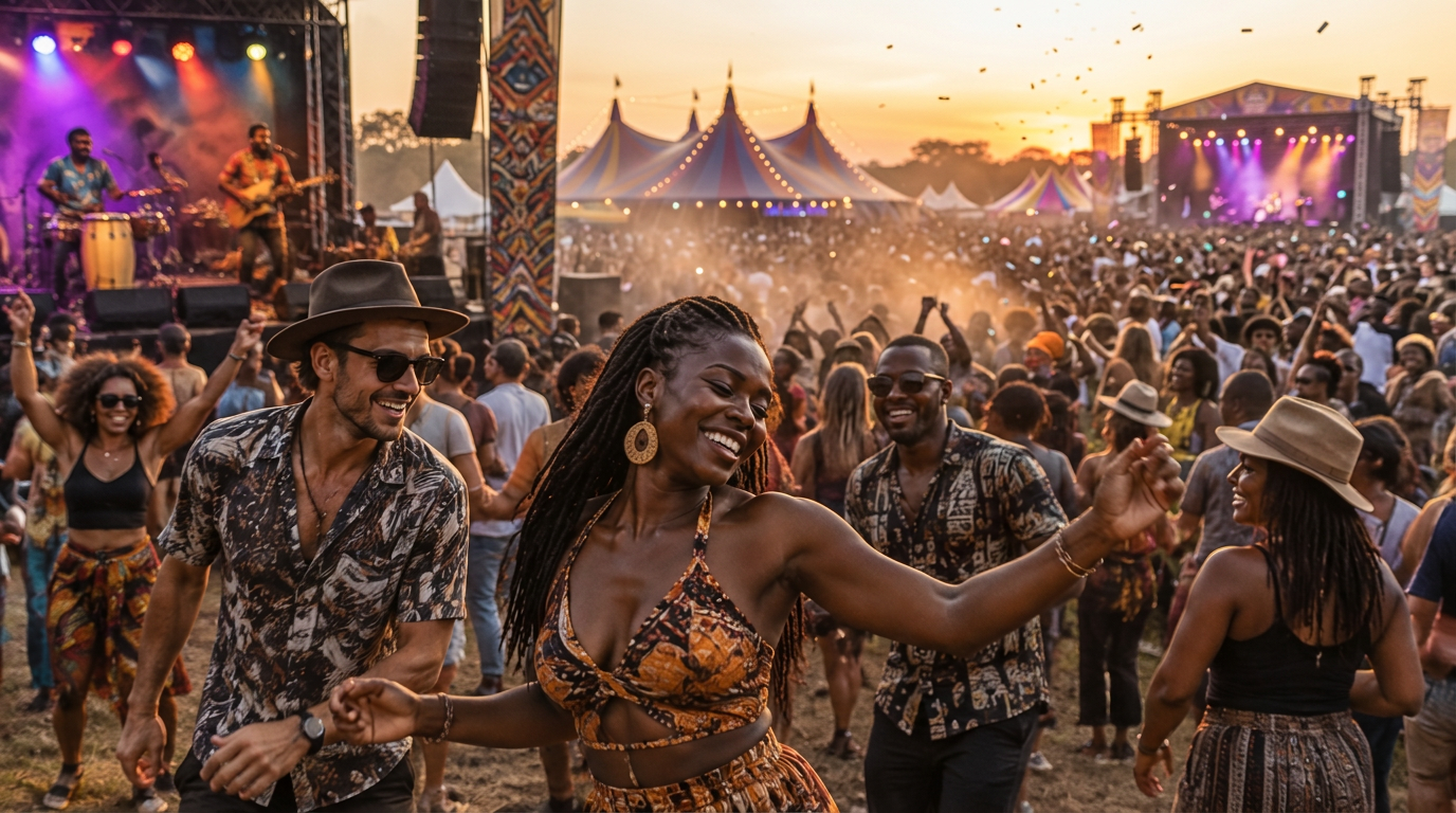 Festival crowd dancing under stage lights at sunset