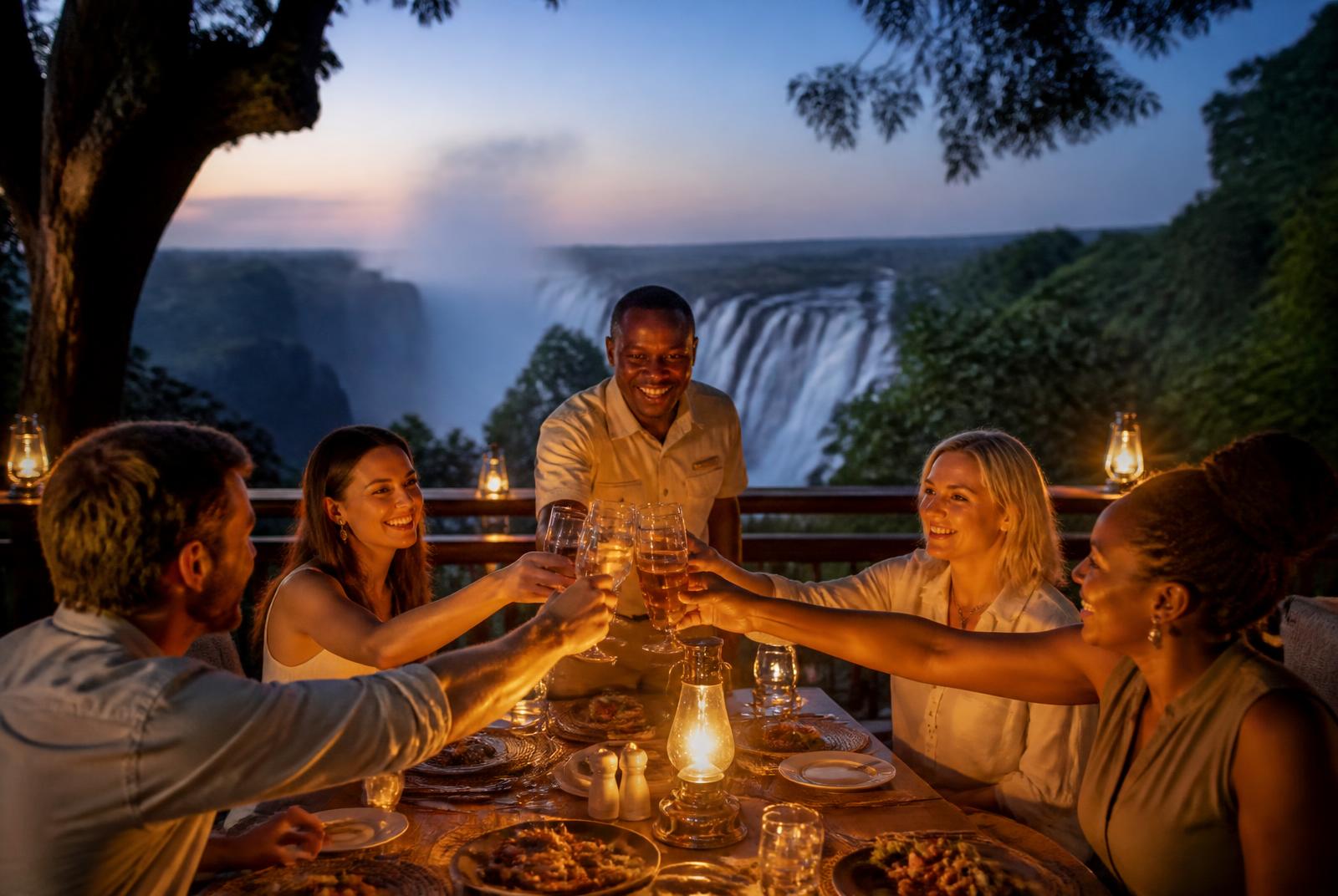 Guests toasting at a lantern lit dinner above Victoria Falls