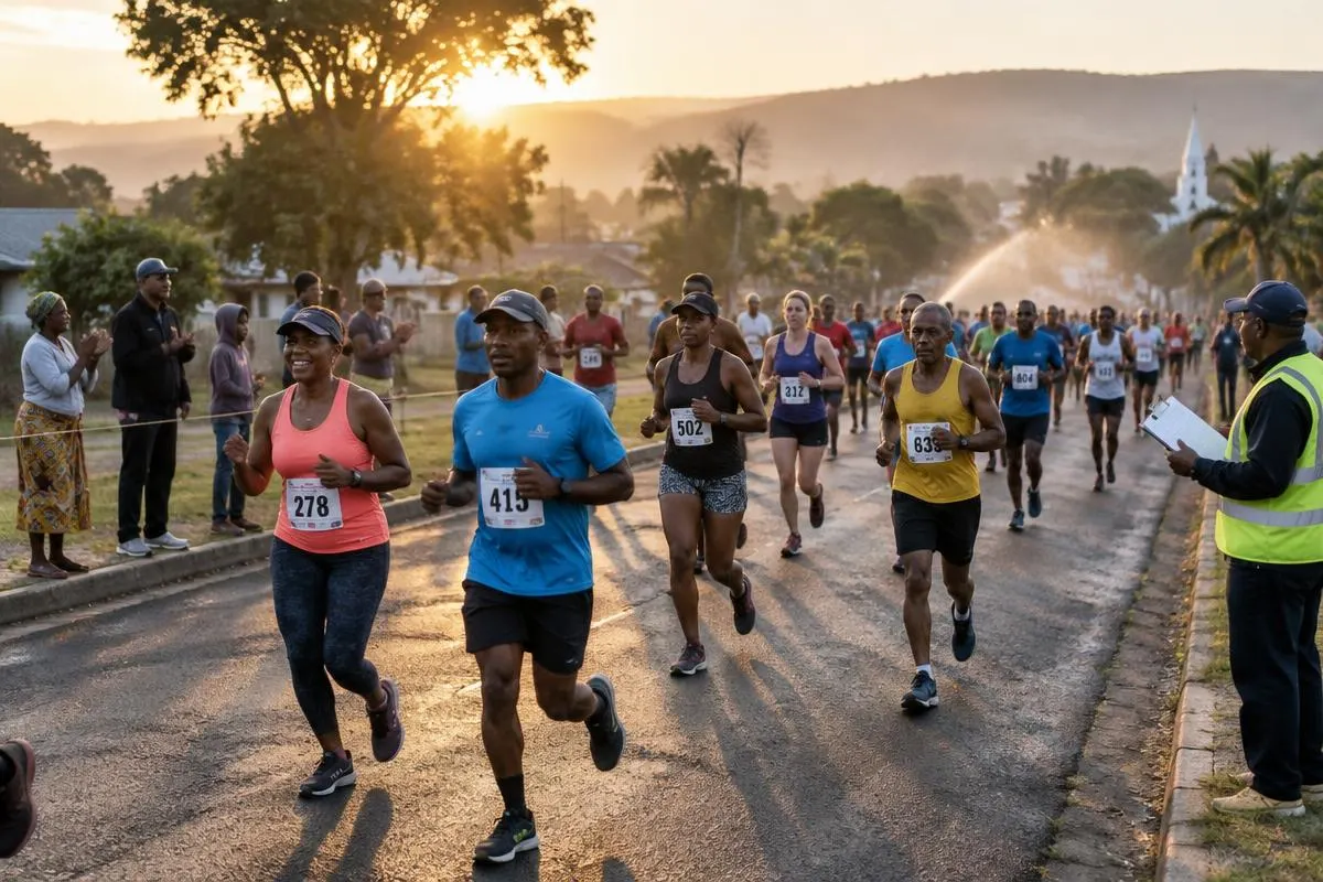 Runners in race bibs on a tree lined road at sunrise